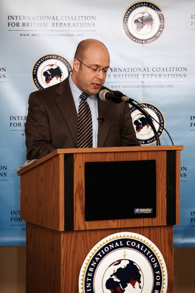 5.	Mr. Peter Rose, ICBR's press secretary, presenting a powerful presentation detailing Britain's atrocious history at the organization's press conference at the National Constitution Center.